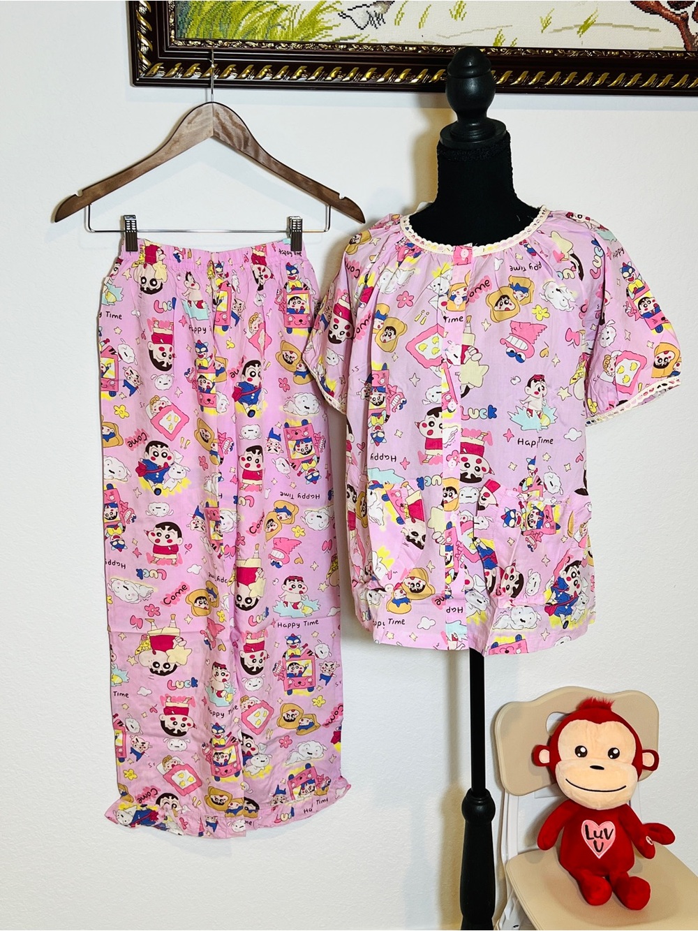 Pink Cartoon Print Two-Piece Pajama Set